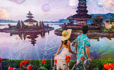 Symbolic illustration of two travelers looking toward a new place